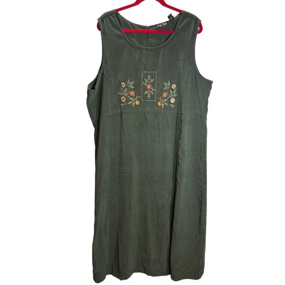 Vtg Tip Top Sz 2X Dress Green Faux Suede Sleeveless Embroidered Boho Cottagecore - Picture 1 of 7